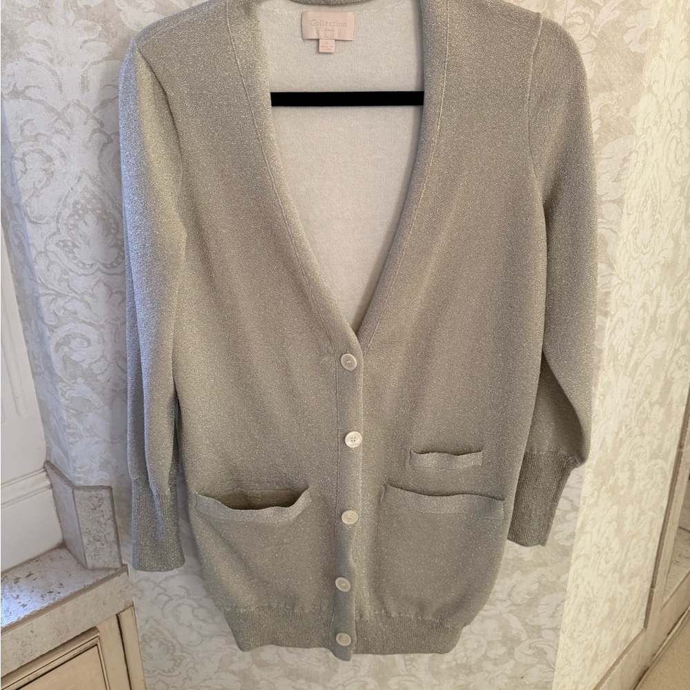 J. Crew Silver Shimmer V-Neck Button Cardigan